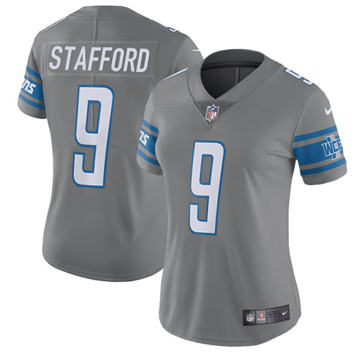 Nike Lions #9 Matthew Stafford Gray Women's Stitched NFL Limited Rush Jersey - Click Image to Close
